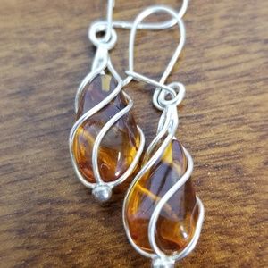Silver wire wrapped Baltic amber drop earrings